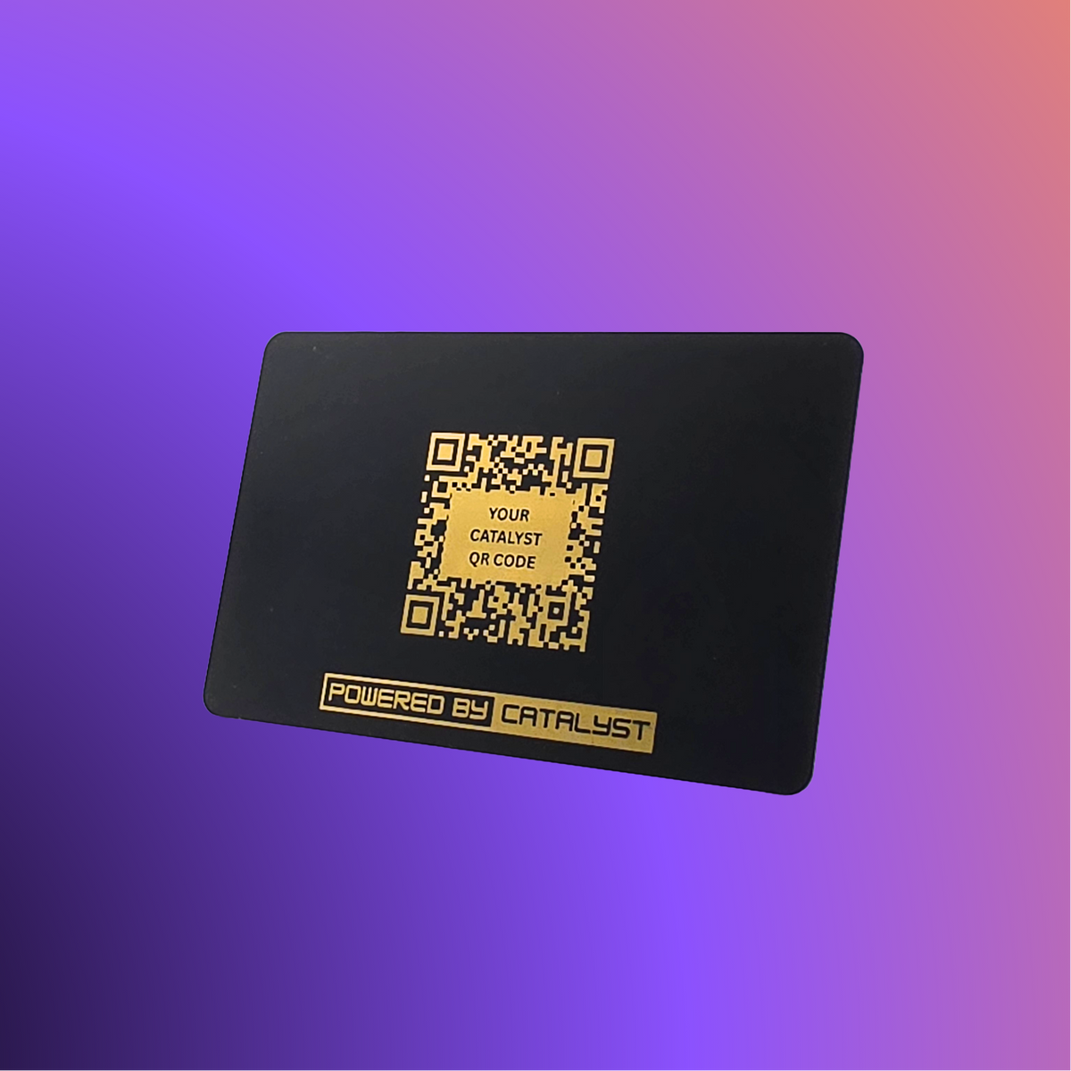 The Catalyst Card in matte black, back view, showing the QR code