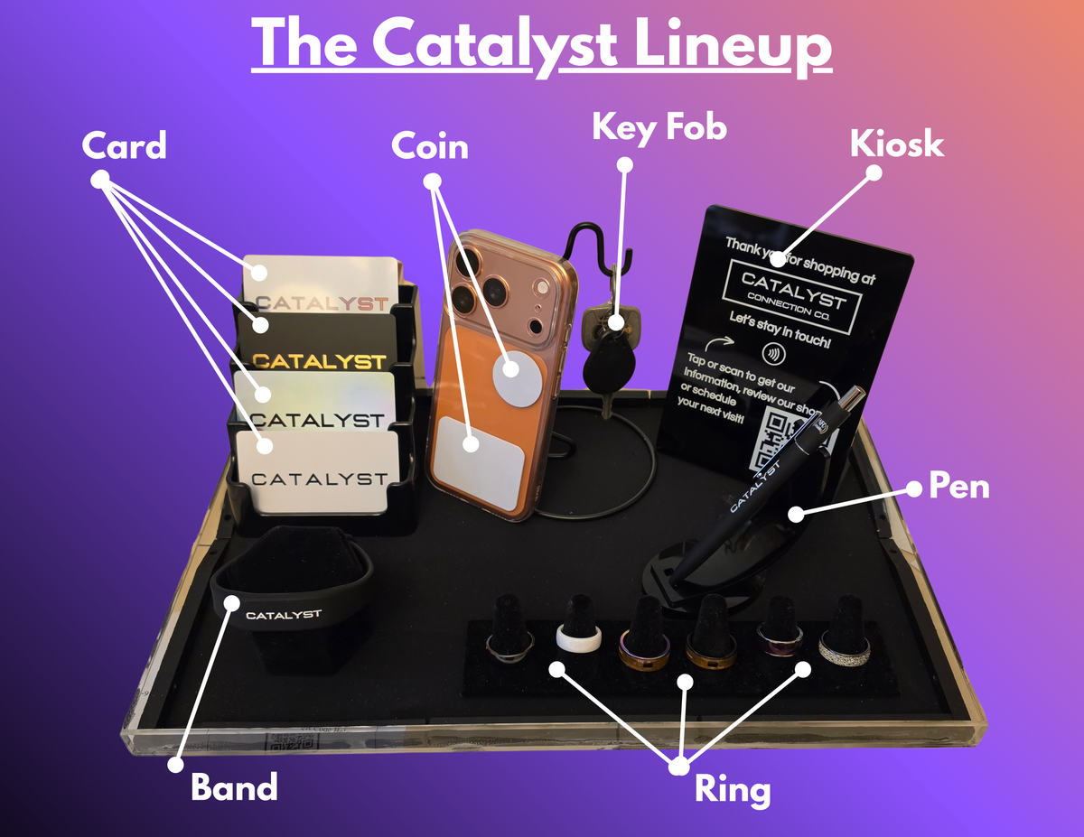 The full Catalyst product lineup: smart cards, coin, band, pen, key fob and ring